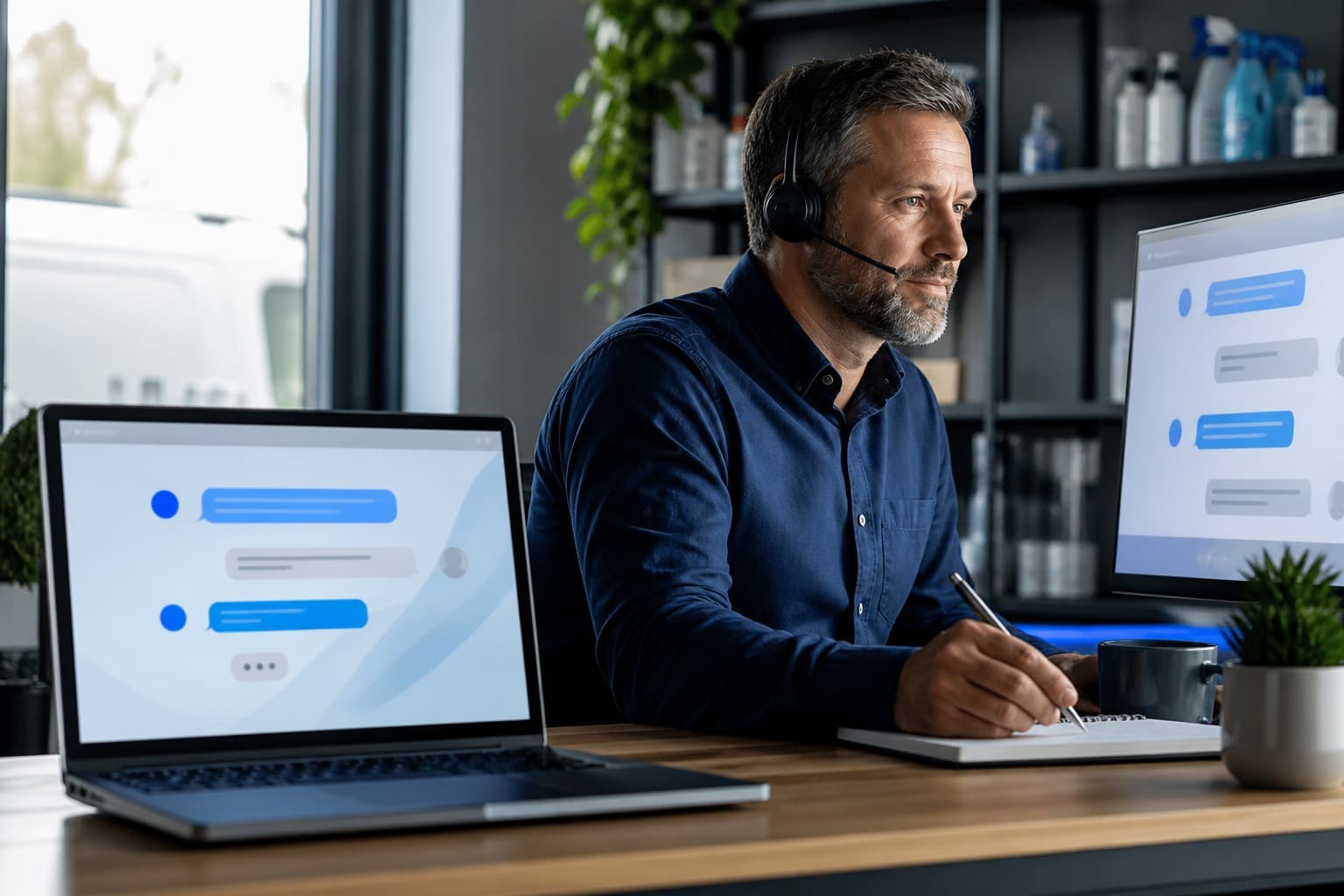 Split workspace showing an automated website chat and a small business owner handling a live conversation
