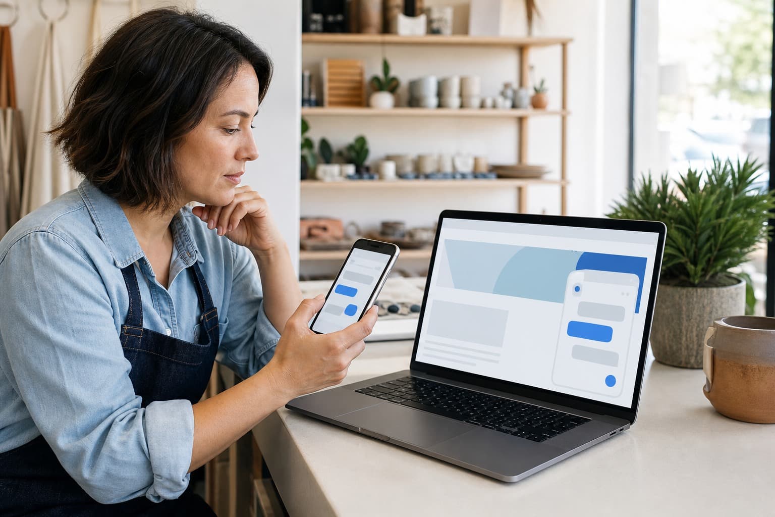 Small business owner reviewing a website chat assistant on a laptop beside a phone