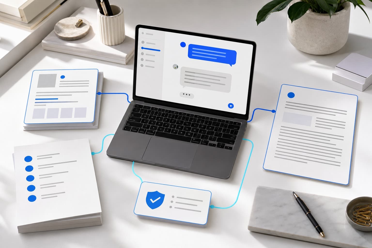 Organized website pages and verified business facts arranged around a chat interface