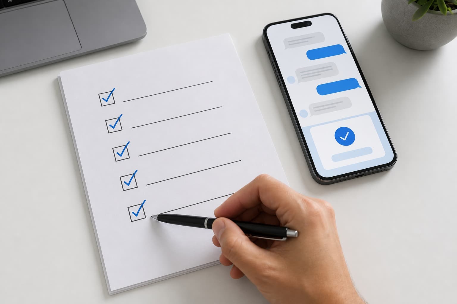 Website chatbot launch checklist beside a phone displaying a completed customer request
